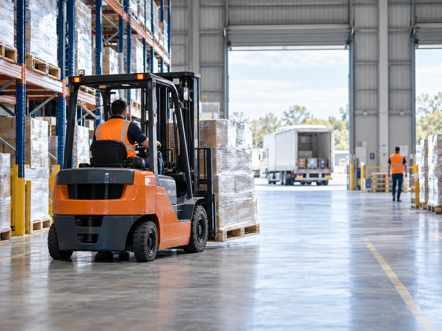 Forklift moving pallet freight in a modern distribution warehouse
